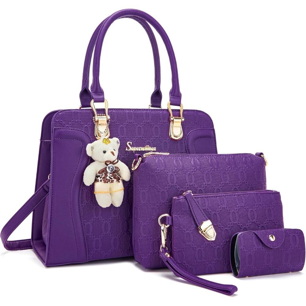 Women's Purple Faux Leather Top Handle High Quality Smooth Zippers Tote Bag